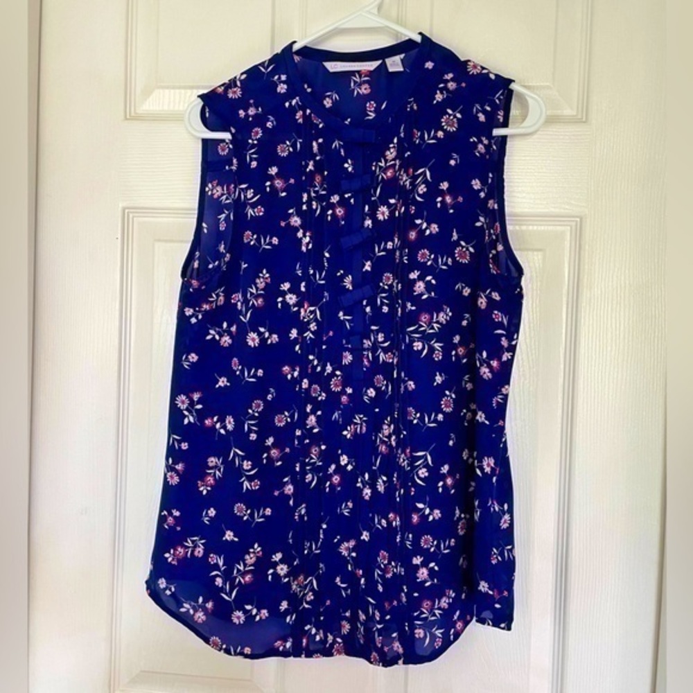 Lauren Conrad Women's Blue Floral Sleeveless Blouse Floral Tank Top Size M